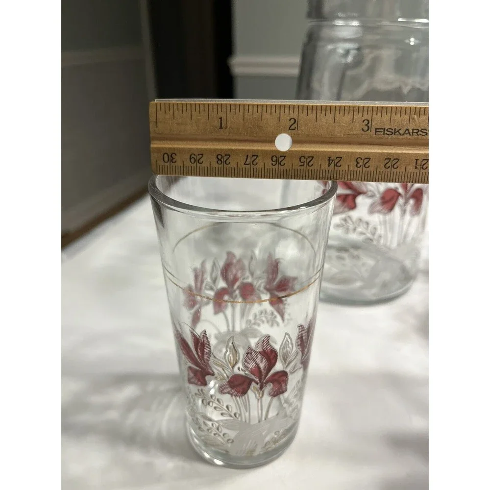6pc Vtg Floral Glass Water Juice Pitcher w 10oz Drinking Tumblers Glasses Italy